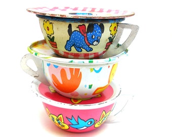 Tin Toy Tea Cups & Saucers, Set of 6 with cat, dog, bird, dessert.