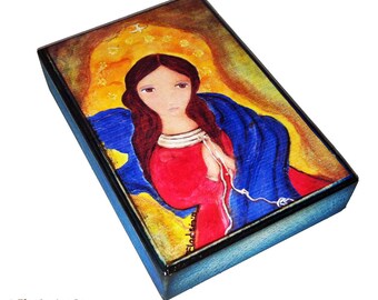 Mary Untier of Knots - Aceo print mounted on Wood (2.5 x 3.5) Folk Art by FLOR LARIOS