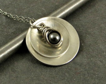 Gray Pearl Necklace, Sterling Silver Disc Necklace, Wire Wrapped Necklace Gifts under 50 Gifts for Her