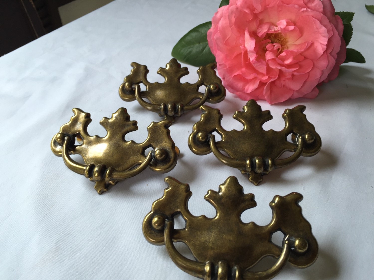 BRASS DRAWER PULLS Lot of 4 colonial Dresser Drawer Antiqued Brass