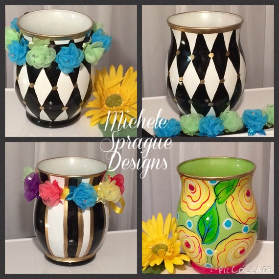 Painted glass vase black and white harlequin vase striped