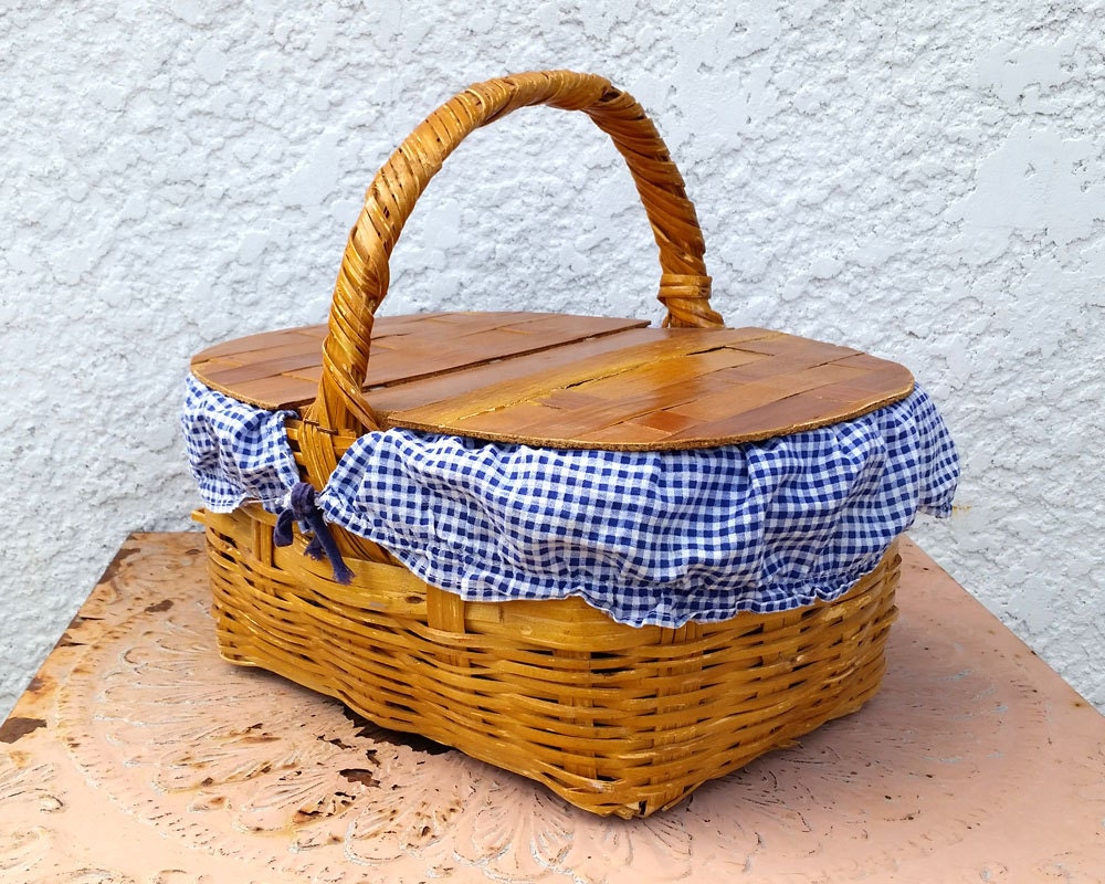 Wooden Picnic Basket with Double-Hinged Woven Wood by MysticLily