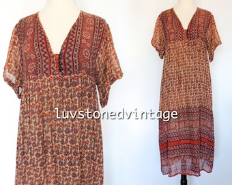 Vintage 70s Indian India Cotton Gauze Boho Hippie Gypsy Ethnic Festival Maxi Midi Ethnic Dress . XS / SM . 972.5.16.15