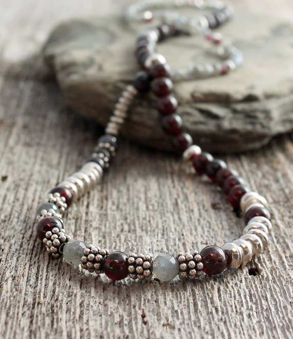 Garnet Wrap Bracelet / Necklace with Labradorite and Bali style Silver