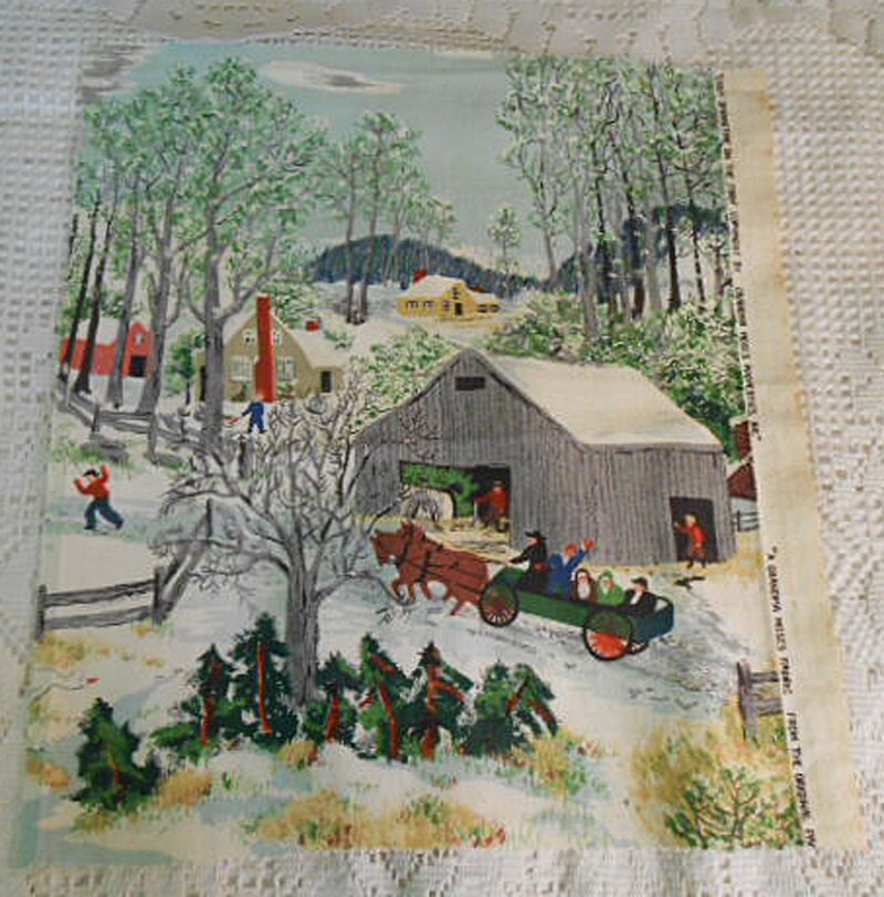 GRANDMA MOSES BARKCLOTH Fabric Original Snowy Springtime on