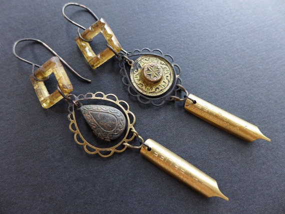 Pansophy. Long rustic Victorian tribal assemblage earrings with Pen nibs.