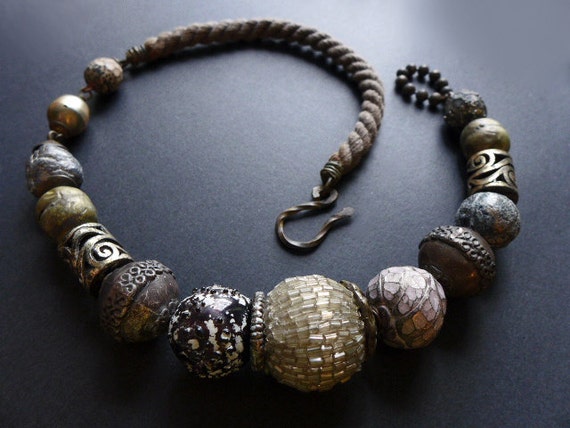 Mangata. Chunky grey choker with oversized rustic vintage beads. Victorian tribal assemblage.