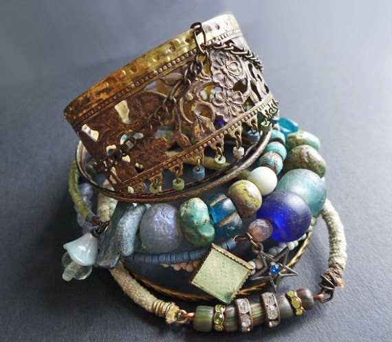 Oceanic 1. Bangle stack. Rustic tribal gypsy bracelet set with cuff in blues and greens.