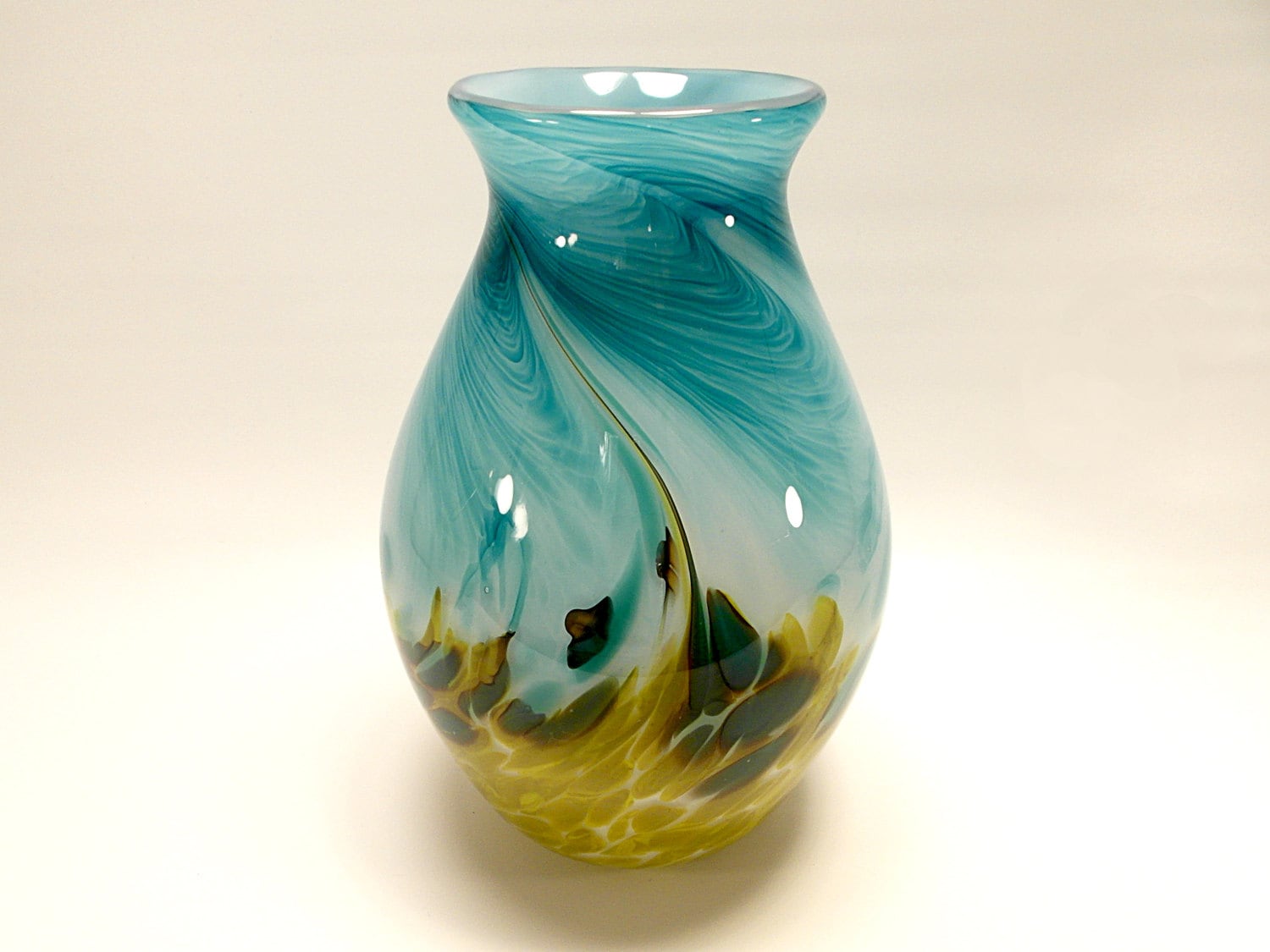 Hand Blown Art Glass Vase In Bright Teal Blue And Olive Green