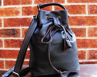 Brown Leather bucket bag, drawstring bucket purse messenger and shoulder tote, Dark brown leather handbag
