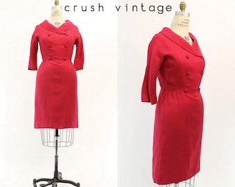 60s Dress I Magnin Medium / 1960s Linen Wiggle Dress / Fuchsia Friday Dress