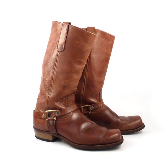 Brown harness Boots Vintage 1970s Leather Motorcycle Campus