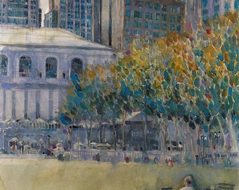 Bryant Park (West 41 Street) Alone Print from Original Watercolor by Dorrie Rifkin Size 8.5 x 11, 11 x 14 or 12 x 18