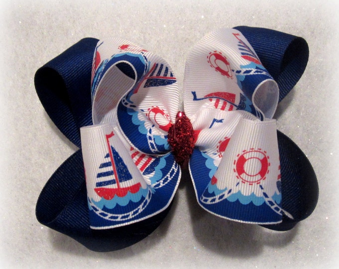 Nautical hairbow, Sailor Bow, Girl Hairbows, Double Layered Bow, Boutique Hair Bow, Sailboat Hair Bow, Anchor Bow, Summer Hair Bows, Water