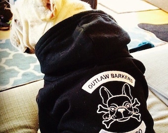 Embroidered Outlaw Barkers French Bulldog Biker Club Hoodie for Dogs
