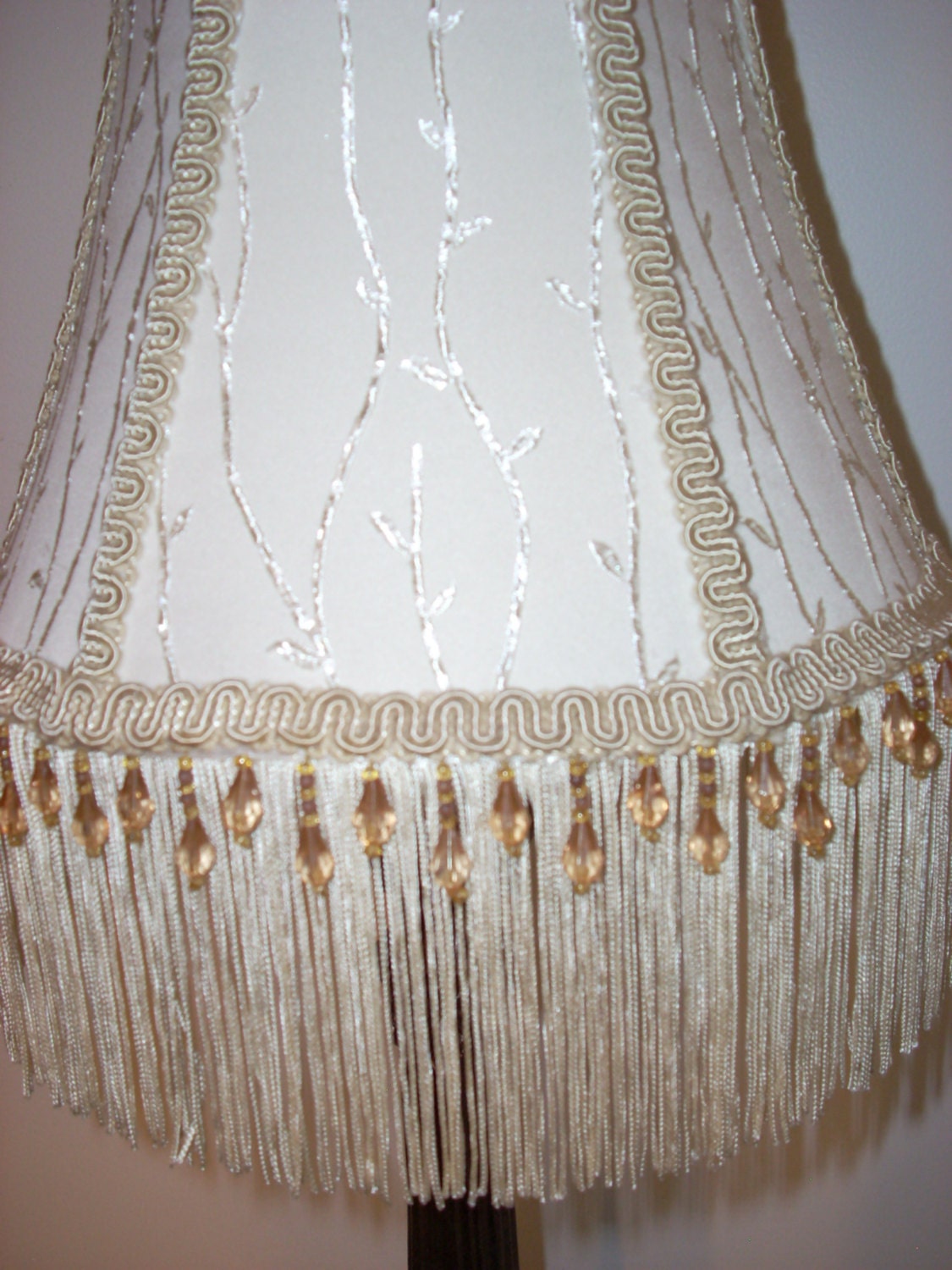 Hand Made Embroidered Satin Lamp Shade with Beaded Fringe