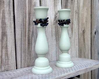 Taper Holders, Light Green, Set of Two, Candle Sticks, Pair, Wooden Candle Holder, Navy Pip Berries, Home Decor, Primitive, Rustic Decor