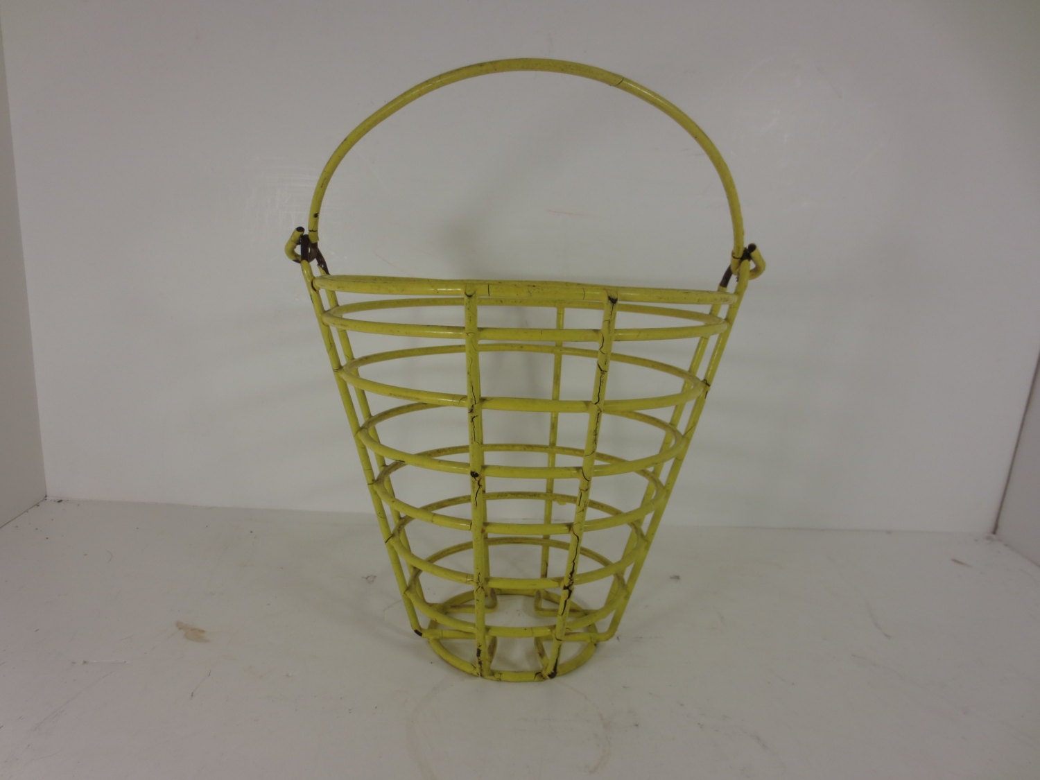Vintage Yellow Metal Wire Basket Golf Ball Basket