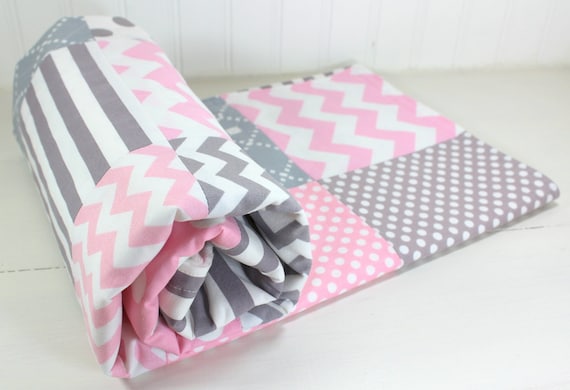 Baby Girl Blanket, Nursery Decor, Crib Blanket, Girl, Patchwork Baby Blanket, Minky Blanket, Pink, Gray, Grey, Chevron, Dots, Stripe