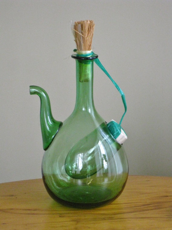 Vintage Green Glass Wine Jug with Ice Chamber by maggiemaevintage