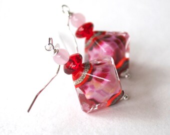 Pink Diamond Earrings, Lampwork Glass Earrings, Glass Bead Earrings, Red Earrings