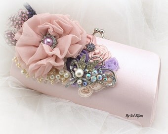Blush Clutch, Purple, Lilac, Pink,Handbag, Elegant Wedding,Vintage Style,Bridal,Purse,Mother of the Bride,Brooch, Feathers, Crystals, Pearls