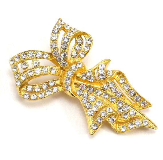 Gold Ribbon Rhinestone Brooch Vintage 1970s Broach