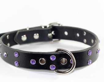 Items similar to Black Leather Dog collar with a Rhinestone Skull and ...