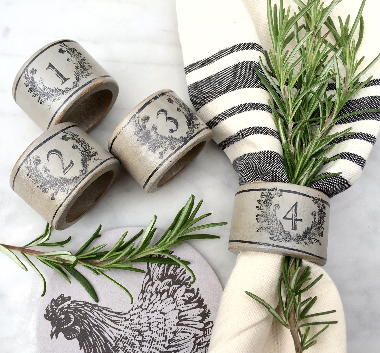 French Country Farmhouse Napkin Rings Grey with Black Laurel