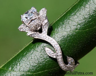 blooming work of art milgrain flower rose lotus diamond engagement ring 18k white gold - Rose Wedding Ring blooming work of art milgrain flower rose lotus diamond engagement ring 18k white gold - Rose Wedding Ring