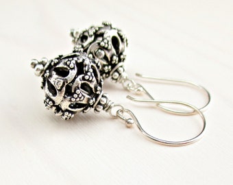 Ornate Bali Sterling Silver Earrings, Bali Bead Earrings Metal Bead Earrings Oxidized Sterling Silver Beaded Dangle Drop Minimalist Jewelry