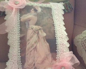 Throw pillow with image of Victorian lady at her toilette
