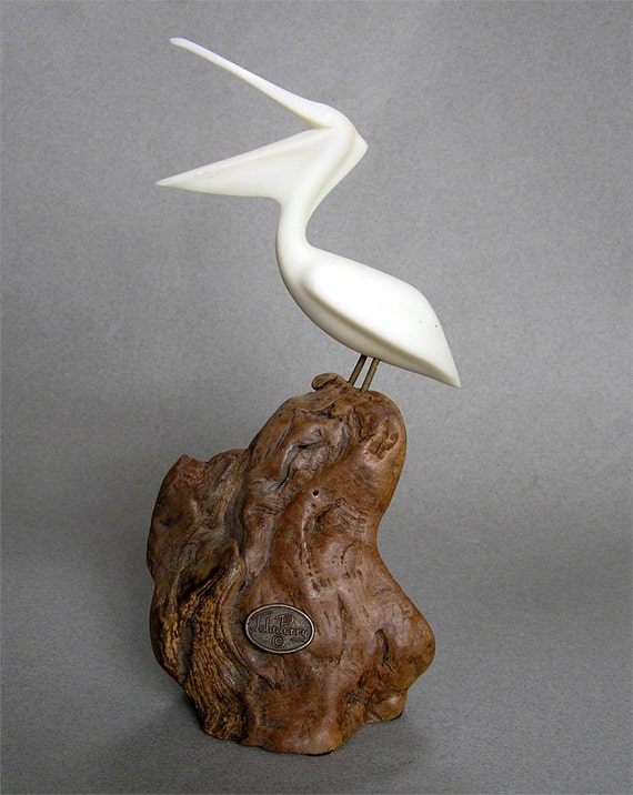 Vintage John Perry Pelican Sculpture Mounted on Burlwood