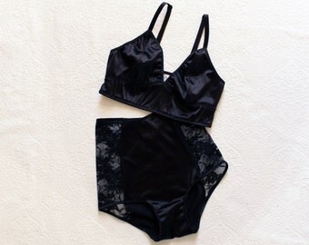 Black Satin 'Noir' Longline Bralette and Satin and Lace High Waist Panties Lingerie Set Pin Up Handmade to Order