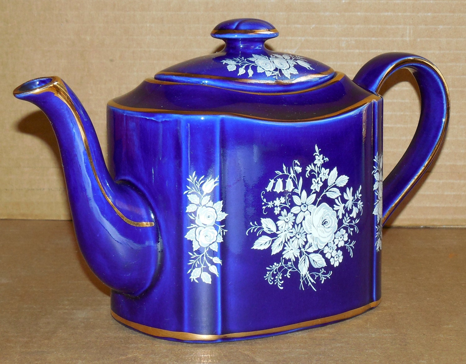 Vintage Porcelain Ceramic Cobalt Blue Teapot White Floral Arthur Wood ...