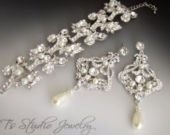 Cuff Bridal Bracelet and Pearl Chandelier Bridal Earrings Set - DENISE