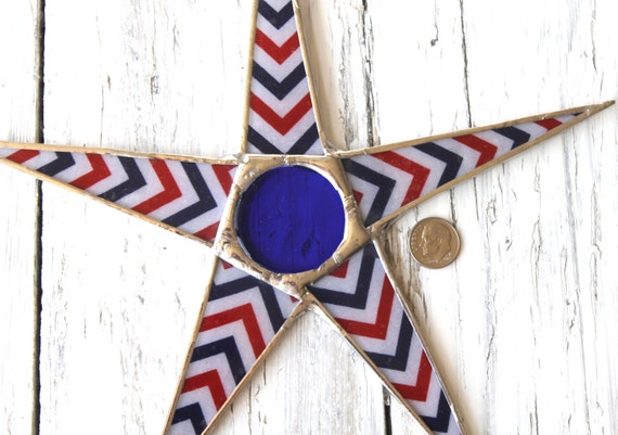 4th of July Chevron star- 9 inch lacquered red, white, and blue fabric on glass