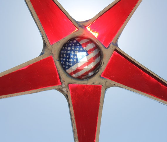 Multi-faceted American Star- 7.5 inch stained glass star with faceted flag center