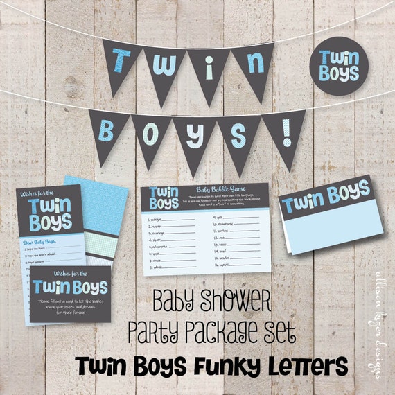 Printable Twin Boys Baby Shower Game Set Banner Wishes for