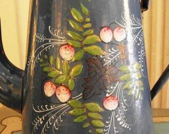 Enameled French COFFEE POT Blue hand painted STRAWBERRIES