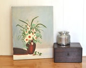 Spring Oil Painting Floral Bouquet Fresh Flowers in Vase White Daisies w/ Greenery in Pale Blue Gray Background