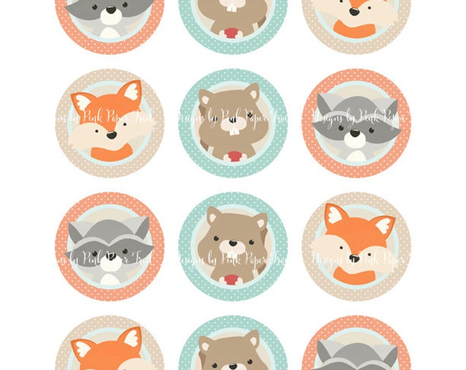 Woodland Animals Cupcake Topper or Party Stickers - 2 inch circles - Print Your Own - Instant Download - Fox - Raccoon - Squirrel