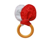 Bunny Ear Teething Ring - Organic Wood Ring Teether in Red and Nautical Anchor Cotton