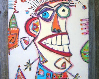 Crazy 4U, Original Acrylic Painting on Wood, Outsider Art, Wall Decor, Raw Art, by Fig Jam Studio
