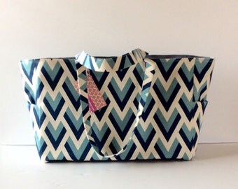 MADE TO ORDER Felix Diaper Bag, School Bag, Work Bag, with Waterproof lining and Magnetic snap closure, Navy Blue and White print