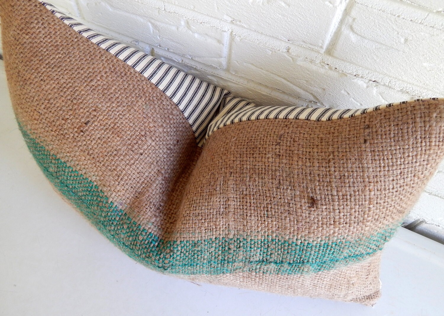 Turquoise Stripe Burlap Throw Pillow Cover by habitationBoheme