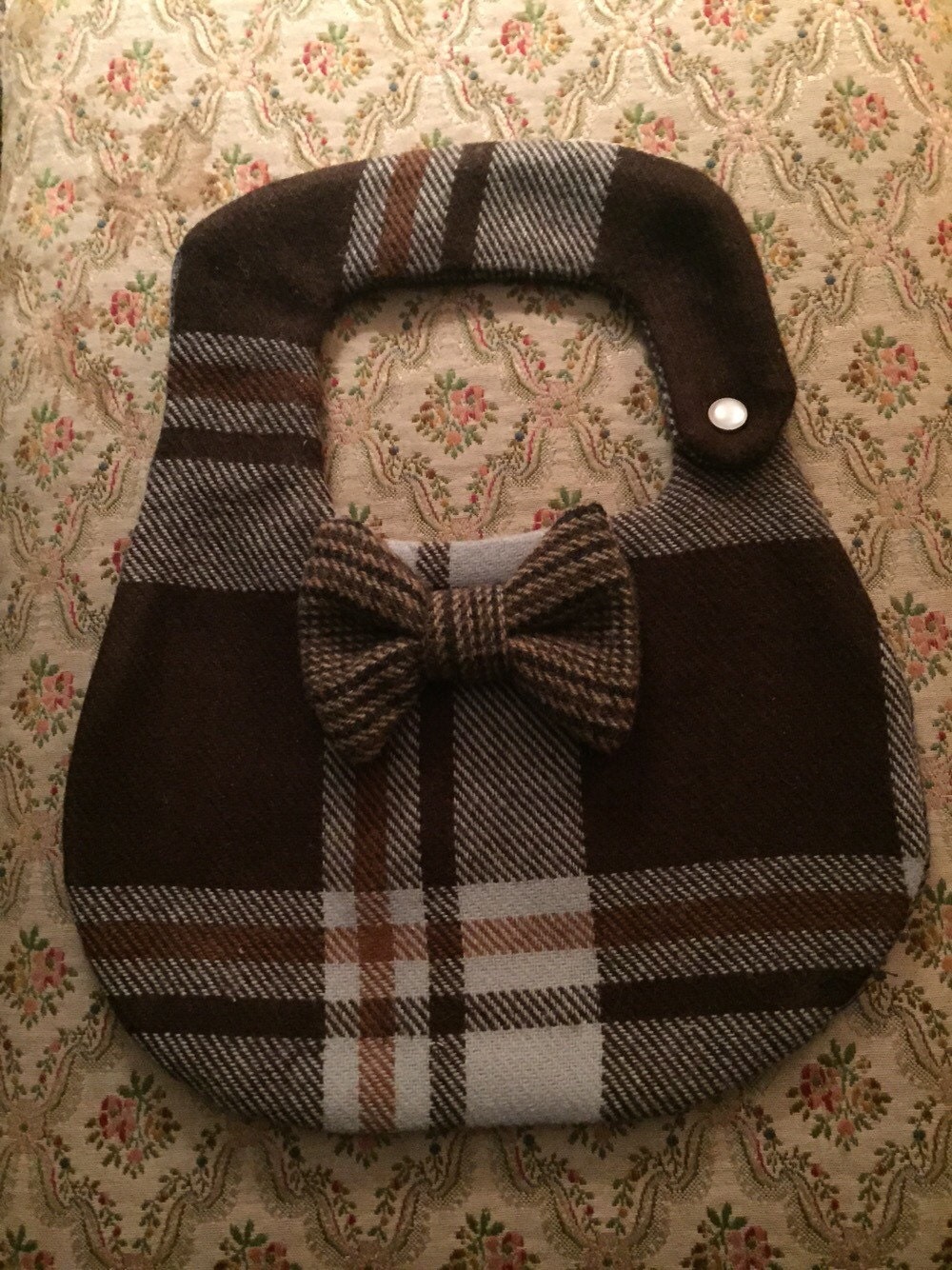 Dapper baby boy bib medium with bow tie plaid purple gray