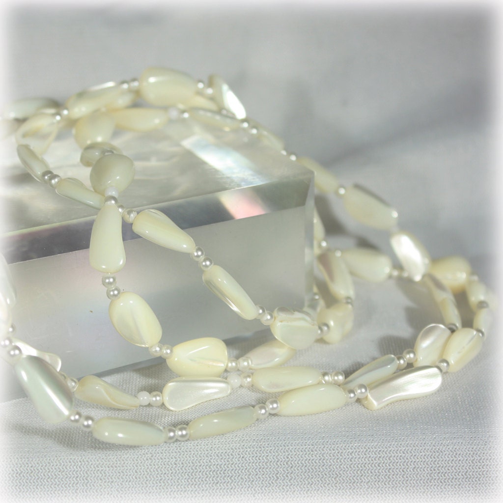 Mother of Pearl Shell Bead Necklace Long by JunkboxTreasures