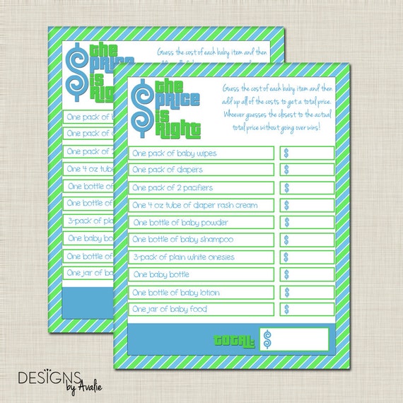 Price is Right Baby Shower Game for Twin Boys in Green and