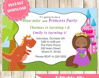 Dinosaur and Princess Invitation - Girl African American Boy Printable Kids Birthday Party Invites Editable File INSTANT DOWNLOAD